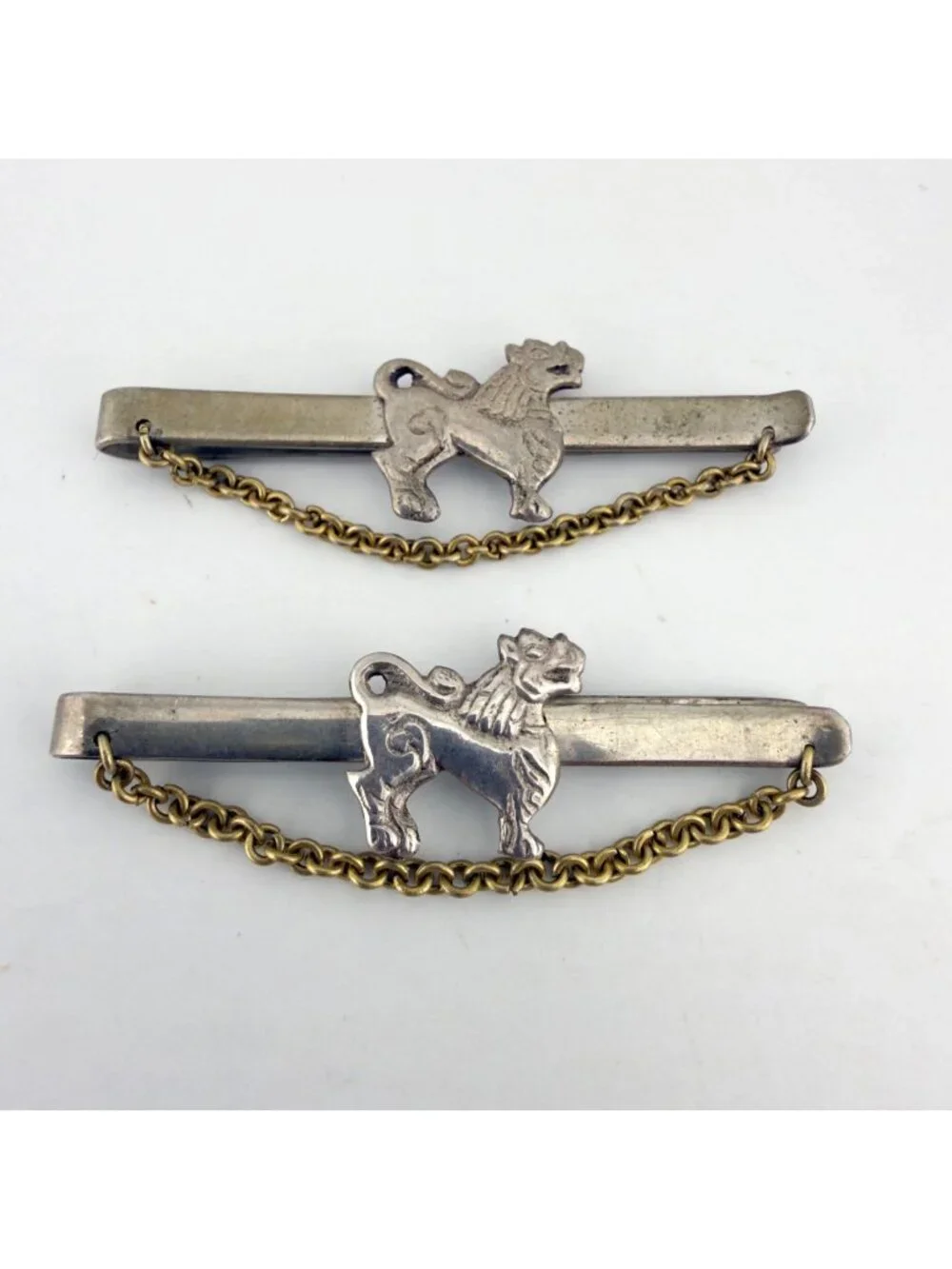Vintage Nepal Guardian Lion Tie Bar Set of 2 Figural Silver Tone